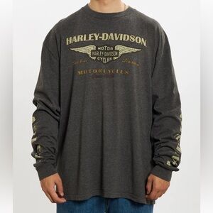 Harley-Davidson Men’s Charcoal Long-Sleeve Tee Gold Print EUC bikercore large